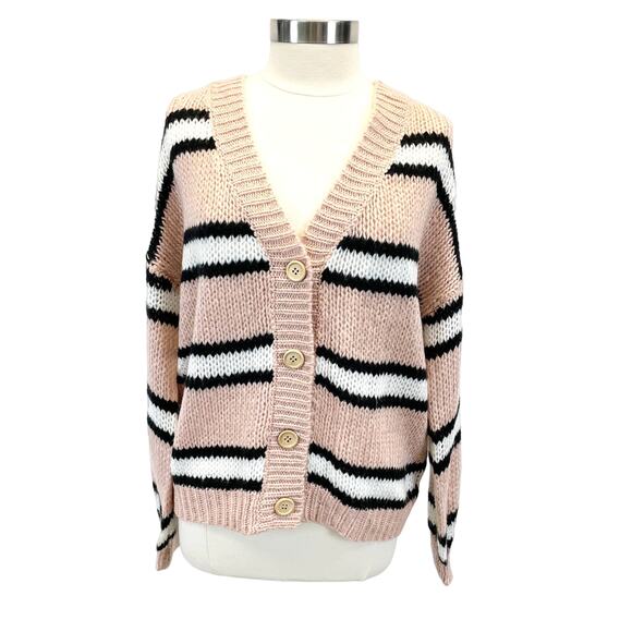 NEW All In Favor Womens L This Love‎ Cardigan Sweater Chunky Striped Pink Black - Picture 1 of 10